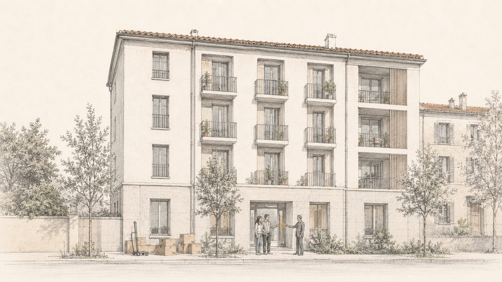 Illustrazione: un edificio riqualificato con una coppia che riceve le chiavi all'ingresso