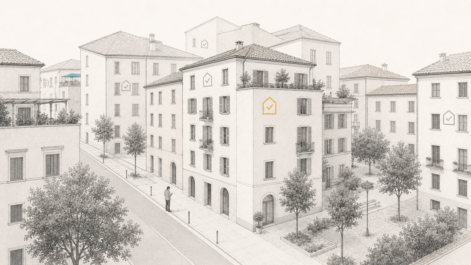 Illustrazione: una persona cerca casa fra palazzi residenziali in città