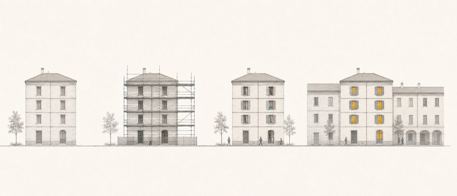 Illustrazione: lo stesso edificio in quattro fasi, dal cantiere alla vita
