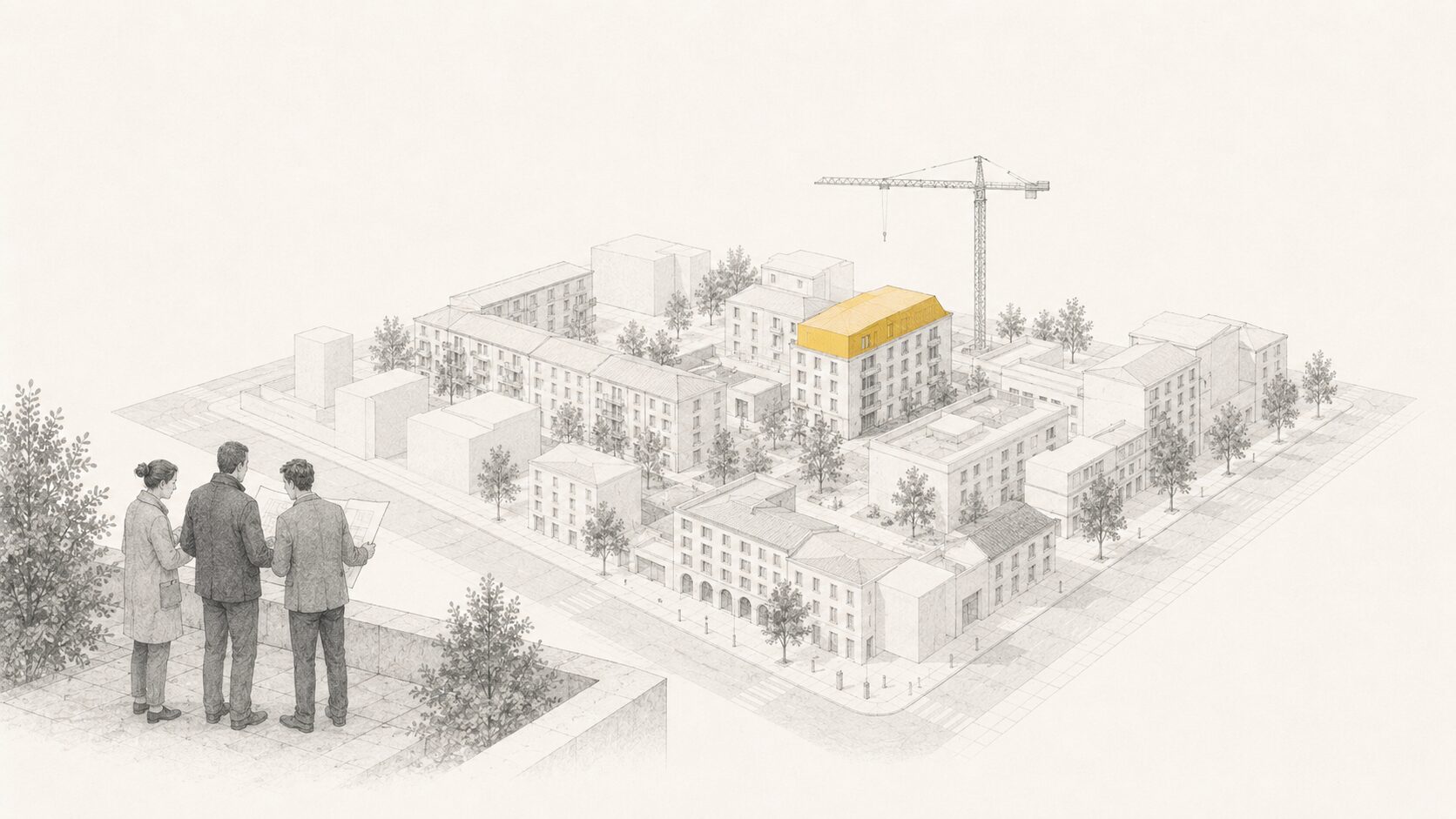 Illustrazione: isolato urbano con edificio in avvio e figure che esaminano i piani