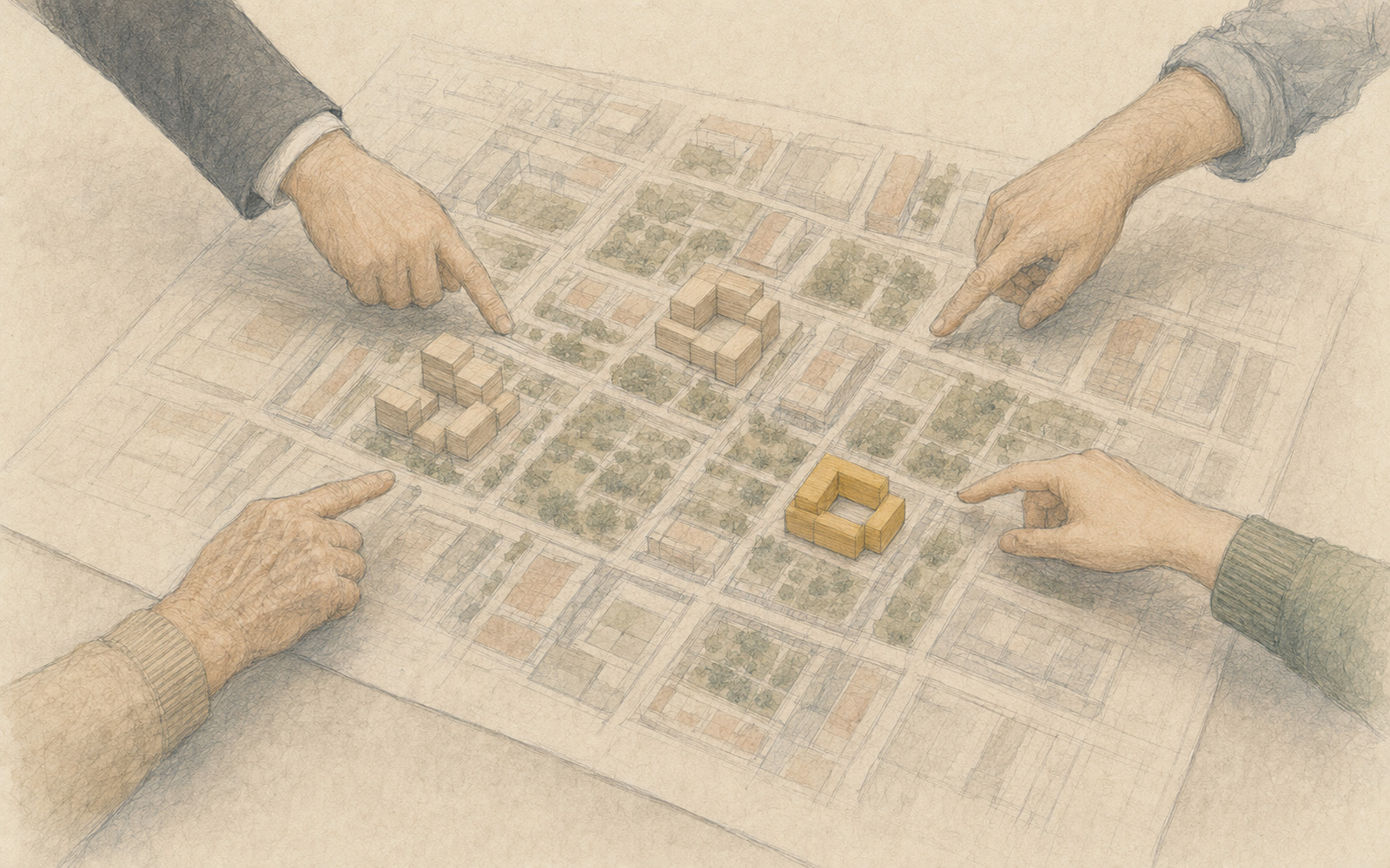 Illustrazione: mani diverse su un masterplan urbano con modellini in legno