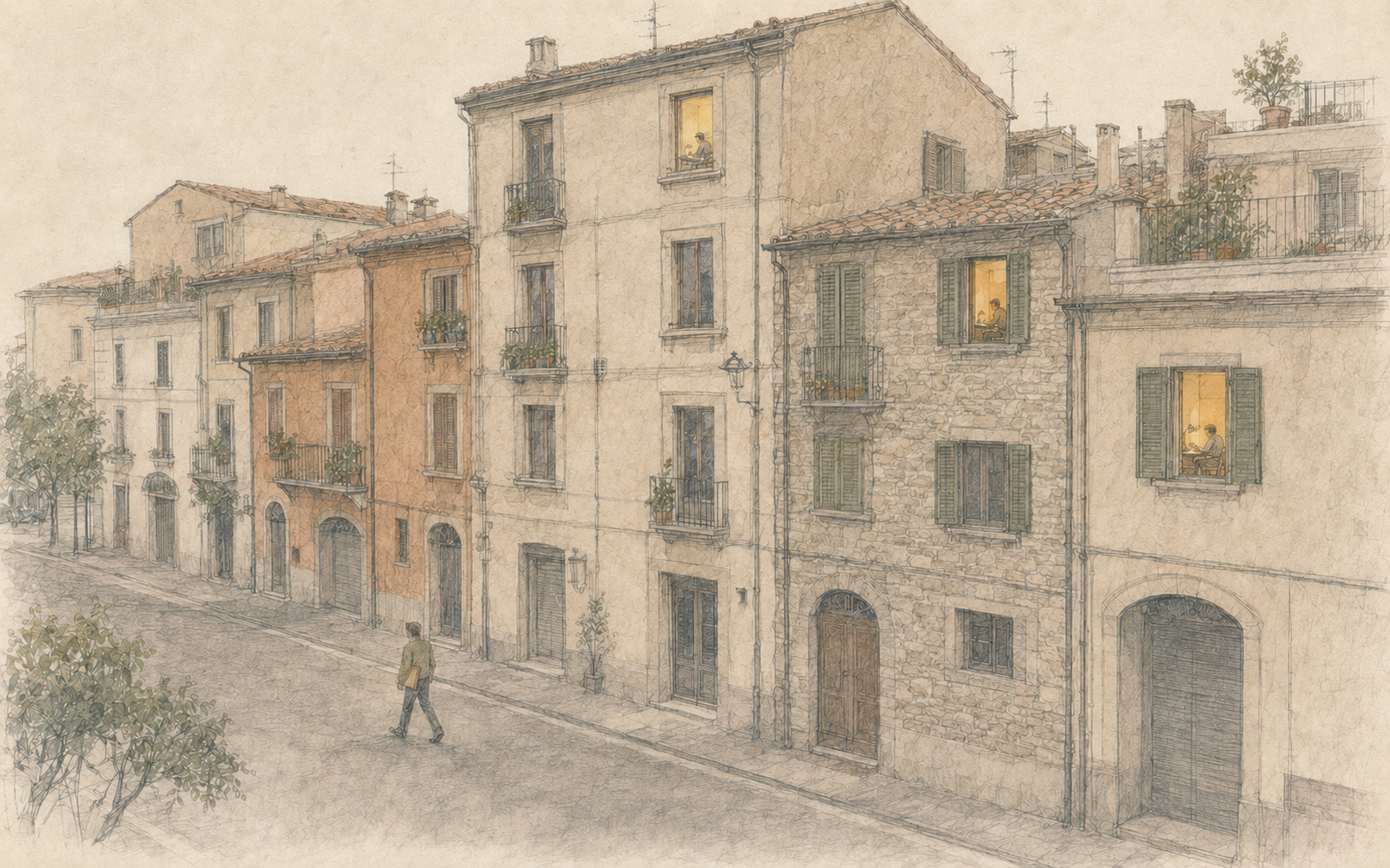 Illustrazione: una via italiana con tre finestre accese in edifici diversi, la rete del campus diffuso