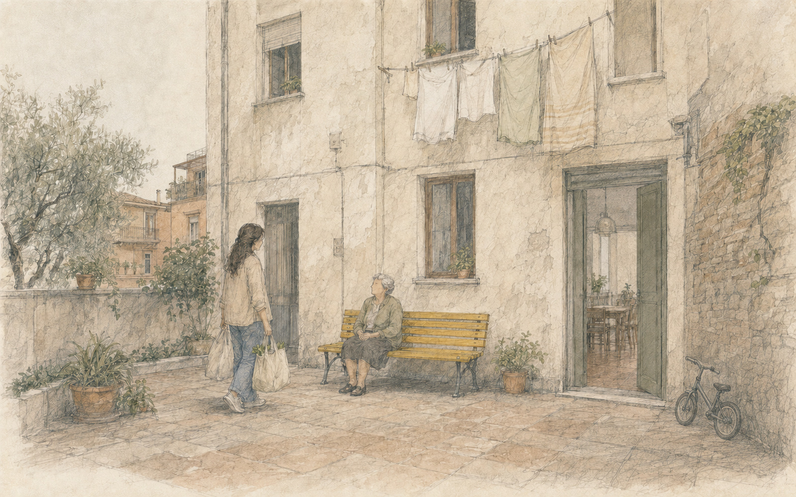 Illustrazione: il cortile di un intervento di social housing, vita quotidiana di vicinato