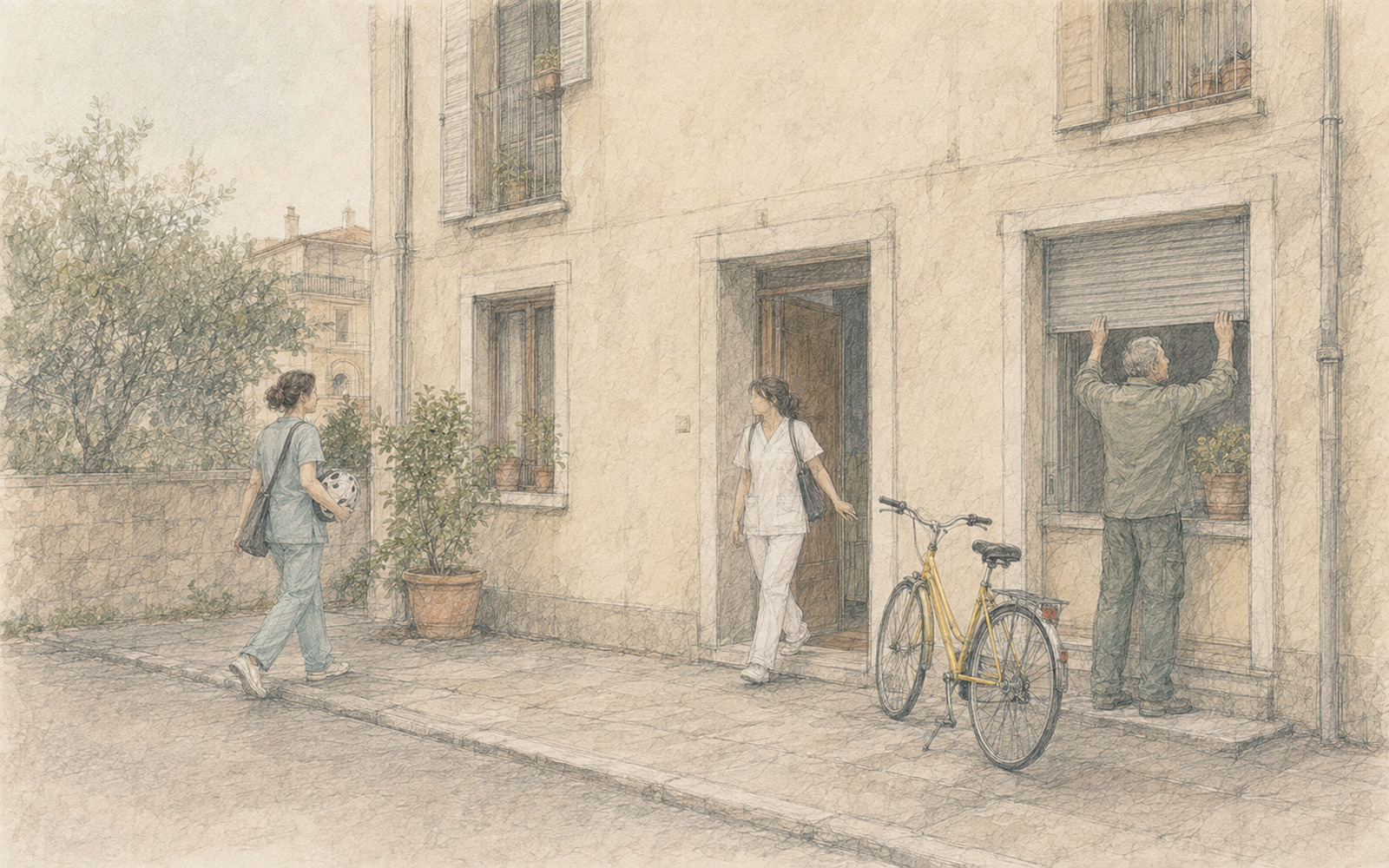 Illustrazione: un'infermiera esce di casa la mattina presto verso la bicicletta