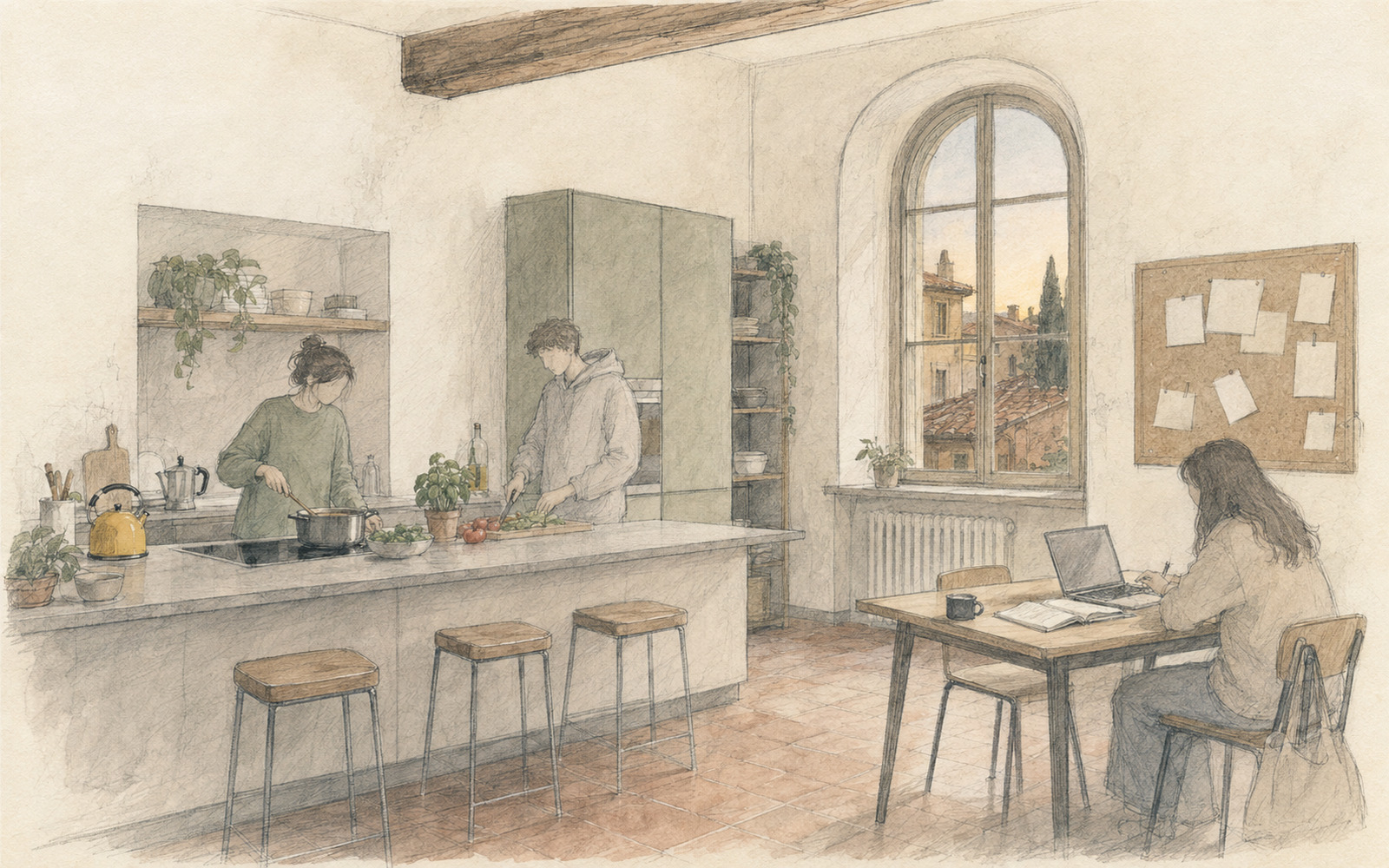 Illustrazione: la cucina condivisa di uno studentato, una sera qualunque