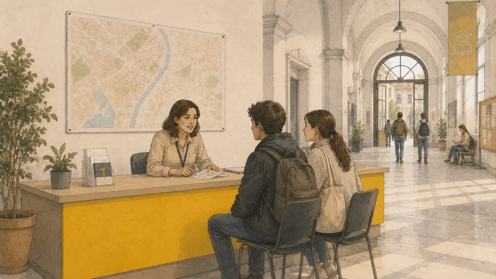 Illustrazione: lo sportello casa dentro un portico universitario, con lo staff che riceve due studenti